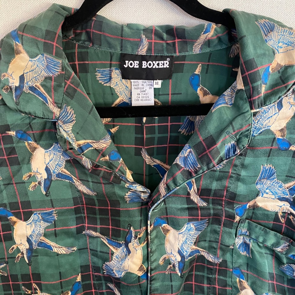 Joe Boxer Vintage 100% Silk Pajama Sleep shirt Green Plaid Mallard Duck Print - Picture 2 of 9